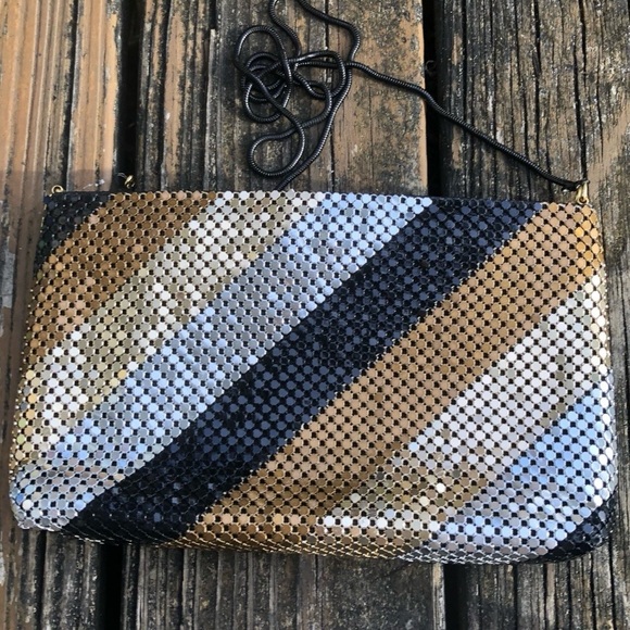 Vintage Handbags - Gold Black Bronze Silver Mesh Stripe Purse Bag Cross Body Metal Vintage 70s 80s